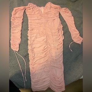 Blush pink ruched midi dress